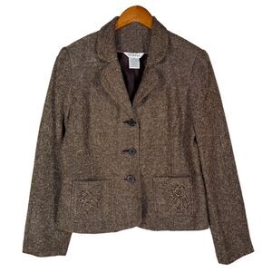 Y2K Brown Tweed Herringbone Blazer Floral Embroidered Pocket Academia Size 12